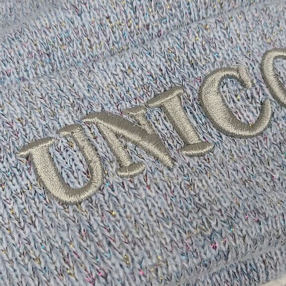 UNICORN Embroidered Light Blue Fuzzy Pom Pom Beanie Knit Winter Hat One Size NEW - Picture 2 of 8